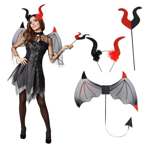 Shyllin Halloween Engelsflügel Schwarz Flügel, Fledermausflügel Damen, Halloween Kostüm Kinder Hexe Kostüm Haarschmuck Hexe Zauberer Umhang Zauberstab Dekoration Halloween (Rot schwarz) von Shyllin