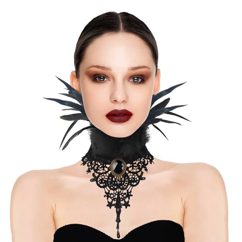 Shyllin Schwarz Halloween Gothic Feder Halsband, Viktorianisch Feder Kropfbänder Kragen, Gothic Feder Halskette, Schwarzer Spitzen Halskette Accessoire für Halloween, Modepartys Kostümpartys von Shyllin