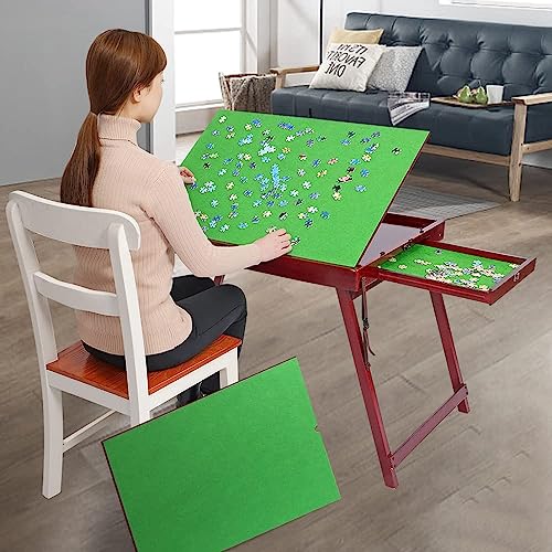 Jigsaw Puzzletisch, Puzzle Brett aus Holz für Erwachsene,Großer Tragbarer Klapptisch, Puzzle-Zubehör für Spielzimmer-Möbel (für 1000PCS mit Schubladen und Beinen, Grün und braun.) von Shyneer