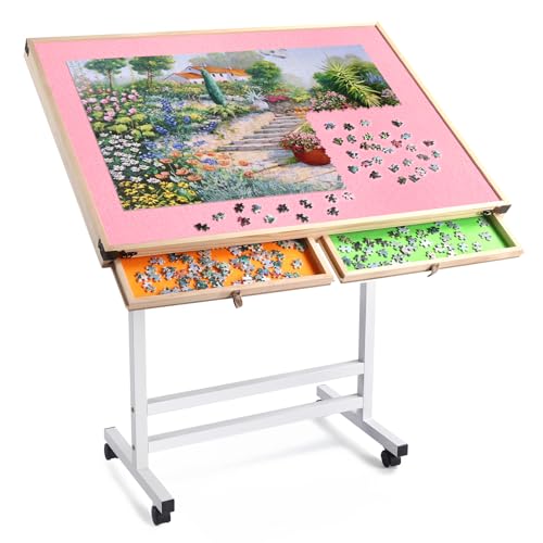 Rosa Jigsaw Puzzletisch,Puzzlebrett 1500Teile,Puzzlebrett mit Bunten Schubladen & Abdeckmatte - Brettspiel Puzzletisch mit Filzarbeitsfläche für Erwachsene von Shyneer