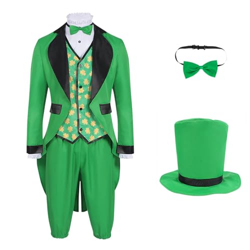 St. Patricks Day Faschingskostüme Männer Vintage 80er Jahre Outfit Partys Cosplay Herren-Jacken Hosen Zylinder Hut Krawatte Kleeblatt Tailliert Kostüme Shamrock Clover Anzug & Accessoires Mantel Bogen von Shznruwy