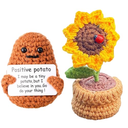 SiSfeL 2 Stück Pocket Hug Positive Kartoffel, Gestrickte Sonnenblume, Positive Potato Pocket Hug, Mini-Plüsch Lustige Potato Puppe, Geschenk für Familie Freund von SiSfeL