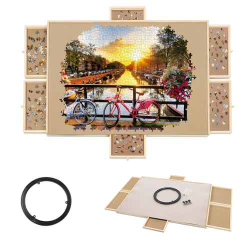 SiTimmGer 1500 Teile drehbarer Holz-Puzzle-Tisch mit 6 Schubladen und 2 Puzzle-Abdeckungen, 86,4 x 66 cm, Puzzlebrett, tragbar für Erwachsene, Puzzlebrett von SiTimmGer