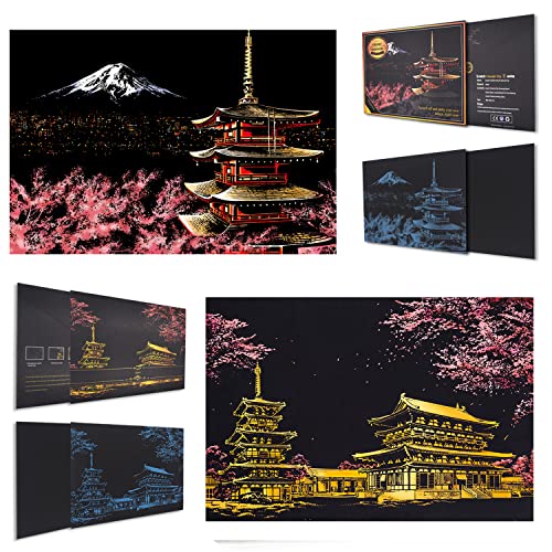 SiYear Scratch Paper Rainbow Malerei Skizze, City Series Night Scene, Scratch Painting kreative Geschenk, Scratchboard Kunst für Erwachsene und Kinder, mit 4 Tools (Mount Fuji + Kirschblüte) von SiYear