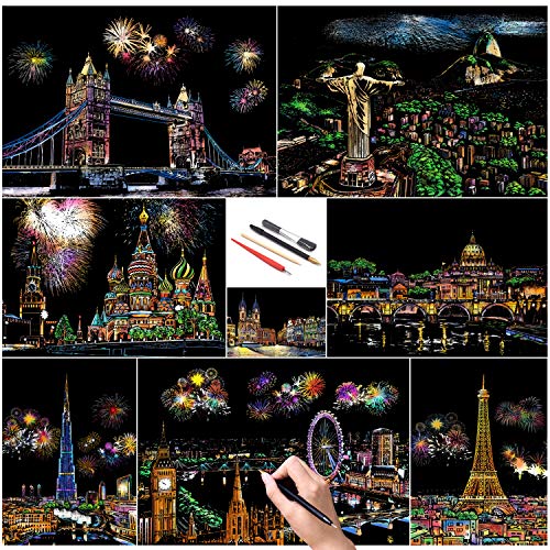 SiYear Scratch Paper Rainbow Painting Sketch, City Series Night Scene,Scratch Painting Creative Gift,Scratchboard for Adult and Kids with 4 Tools von SiYear