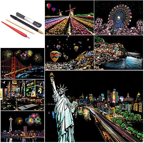 SiYear Scratch Paper Rainbow Painting Sketch, City Series Night Scene,Scratch Painting Creative Gift,Scratchboard for Adult and Kids with 4 Tools von SiYear