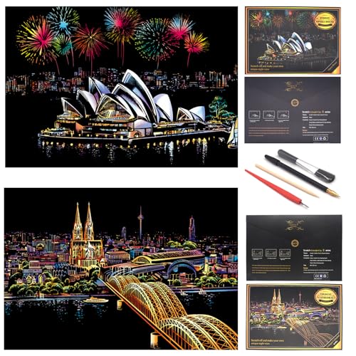 SiYear Scratch Paper Rainbow Painting Sketch, City Series Night Scene,Scratch Painting Creative Gift,Scratchboard for Adult and Kids with 4 Tools von SiYear