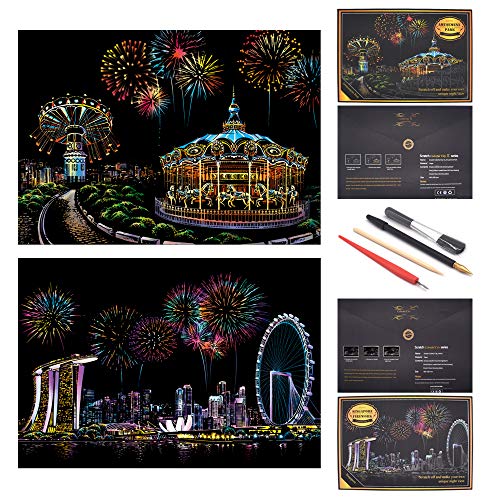 SiYear Scratch Paper Regenbogen Malerei Skizze, City Series Night Scene, Scratch Painting kreative Geschenk, Scratchboard Kunst für Erwachsene und Kinder, mit 4 Tools (Vergnügungspark + Singapur) von SiYear