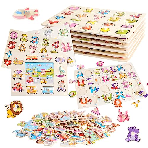 6-teiliges Kinder Holzpuzzles Greifpuzzle mit Puzzle Steckbretter mit Knopf für Kinder Zahlen,Alphabete,Tiere,Transport,Ozean (Familien-Edition) von Siairo