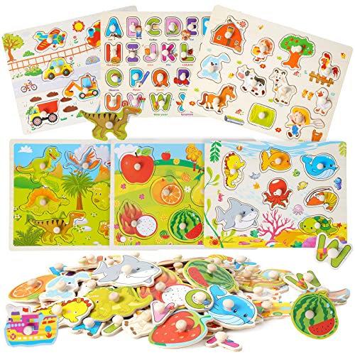 6-teiliges Kinder Holzpuzzles Greifpuzzle Holzpuzzle Steckpuzzle Holzspielzeug Steckbretter mit Knopf für Kleinkinder Fahrzeuge,Bauernhof,Meerestiere,Dinos,Lernspielzeug für 2-jährige Mädchen Jungen von Siairo