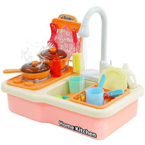 Kinderwaschbecken Kinder Küche Spiel Waschbecken Spielzeug Set, Küchenspüle Spielzeug Set mit Früchten, Kochherd und Geschirrzubehör, Spielspielzeug für Kleinkinder, Jungen und Mädchen(Rosa) von Siairo