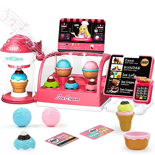Pretend Role Play Ice Cream Shop Spielzeug für Jungen und Mädchen mit Eismaschine Maschine, Registrierkasse und gefälschten Eiscremes Spielen Essen Dessert Set für Kinder Alter 3 4 5 6 von Siairo