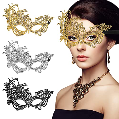 Sibba 3 Stück Maskerade Masken Damen Spitze Venezianische Augenmaske Dame Mädchen Verkleidung Zubehör Maske Ball Halloween Kostüm Fancy Karneval Party Abend Abschlussball Silber Schwarz Gold (Phoenix) von Sibba