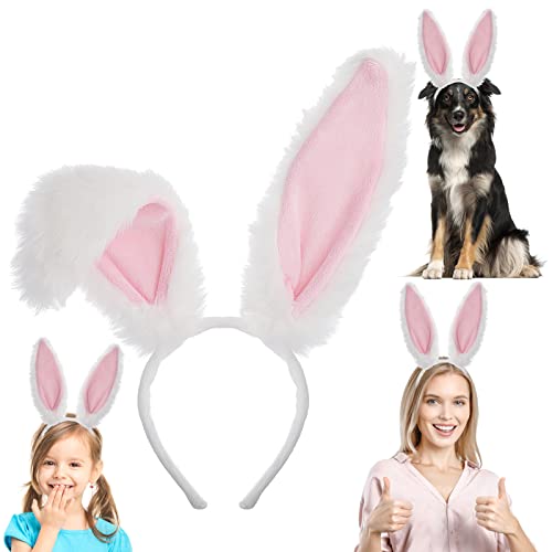 Sibba Halloween Bunny Ears Haarband Cute Ostern Plüsch Hasenohren HaarbäNder Cosplay Kostüm Fancy Dress Up Accessories Hair Styling Party Dekoration Flauschiger Kopfschmuck Erwachsene Weiß & Rosa von Sibba