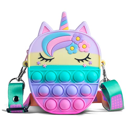 Pop It Tasche, Sichy 2 in 1 Fidget Toys Taschen Umhängetasche mit Längenverstellbarem Tragegurt, Pop It Einhorn Tasche für Erwachsene Kinder Geschenke für Mädchen von Sichy