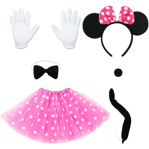 Sidesea Damen Maus Mouse Kostüm, Faschingskostüme Damen Karneval Kostüm Mini Maus Kostüm Damen Rock Rosa Weiss Gepunktet Kostüm Erwachsene Kinder Kleider Fasching Haarreif Damen Maus Ohren von Sidesea