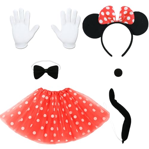 Sidesea Damen Maus Mouse Kostüm, Faschingskostüme Damen Karneval Kostüm Mini Maus Kostüm Damen Rock Rot Weiss Gepunktet Kostüm Erwachsene Kinder Kleider Fasching Haarreif Damen Maus Ohren von Sidesea