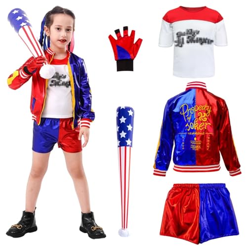 Sidesea Quin Kostüm für Kinder, Bösewichtskostüme für Kinder, inklusive Jacke, T-Shirt, Shorts, Handschuh und Fledermaus für Mädchen, Halloween, Karneval, Cosplay von Sidesea