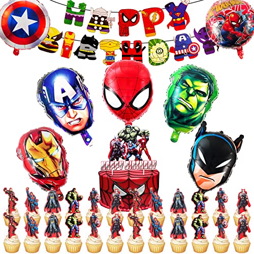 Superhelden Geburtstagsdeko, 33 Stück Avenger Geburtstag Deko Kindergeburtstag Deko 7 Luftballons und Geburtstag Banner Cake Toppers Partydekoration für Jungen und Mädchen von Sidesea