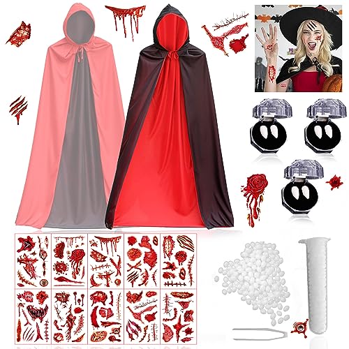 Halloween Kostüm Vampir Damen Herren, 140CM Vampir Umhang Schwarz Rot mit Kapuze, Vampirzähne, Temporäre Narben Tattoos, Halloween Kostüm Vampir für Cosplay Halloween Kostüm, Grusel Party, Garten von Sidtomi