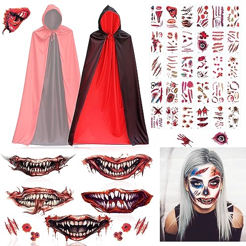 Vampir Kostüm Damen, 140CM Halloween Kostüm Vampir Umhang Schwarz Rot mit Kapuze , Temporäre Narben Tattoos,Halloween Tattoos Gesichts Mund, Dracula Kostüm für Halloween Cosplay , Grusel Party, Garten von Sidtomi