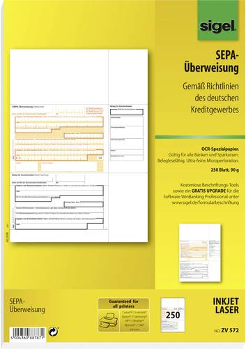 Sigel Überweisung Formular ZV572 DIN A4 Anzahl der Blätter: 250 ZV572 von Sigel