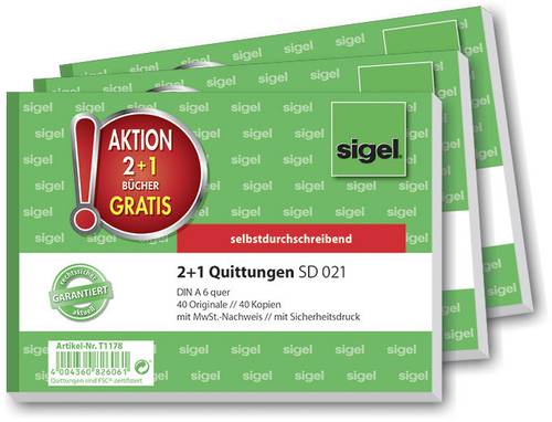 Sigel T1178 Quittungen DIN A6 quer Anzahl der Blätter: 40 3St. von Sigel