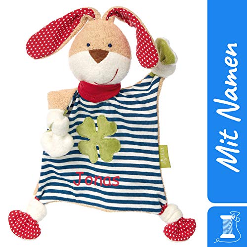 Sigikid Schnuffeltuch Hase mit Namen Bestickt, Baby & Kinder Schmusetuch personalisiert, Kuscheltuch Geschenkidee Junge/Mädchen, Organic Green Bio, Rot, 40504 von Sigikid bestickt by LALALO