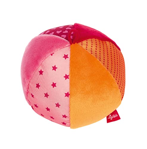 SIGIKID Softball, PlayQ Lernspielzeug, Babyball aus Plüsch und Stoff, weich gefüllt, erster Spielball mit integrierter Rassel, für Babys und Kleinkinder, Art.-Nr. 42861, rosa-orange Ø 11 cm von Sigikid