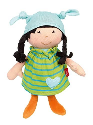 SIGIKID 39649 Puppe Brenda Bilipup, Stoffpuppe mit Kleidchen zum An- und Ausziehen, Kuschelpuppe, Einschlafhilfe, spielen, schmusen, für Babys & Kinder ab 6 Monaten, Grüngestreift 24 cm von Sigikid