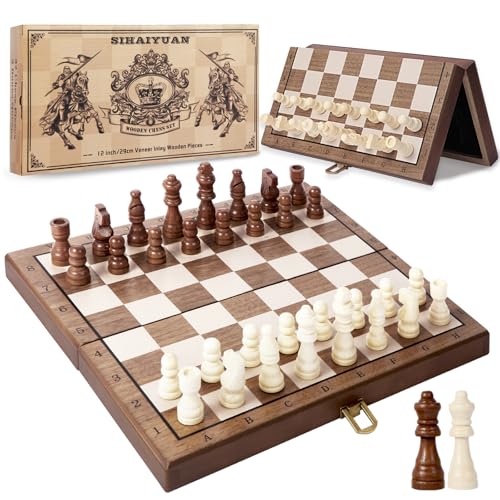 Sihaiyuan Schachspiel, Magnetisches Holz-Schachbrett, Schach- und Damespiel, Reiseschach für Erwachsene und Kinder, Klappbares Aufbewahrungsbrett (29×29 cm) von Sihaiyuan