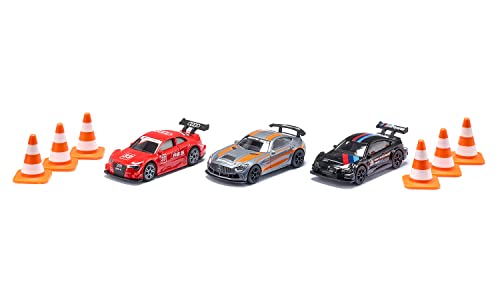 siku 6331, Geschenkset Race, Mercedes-AMG GT4, Audi RS 5 Racing und BMW M4, Inkl. 6 Pylonen, Spielzeug-Autos, Metall/Kunststoff, Multicolor, Mit Sportfelgen und Heckflügeln von Siku