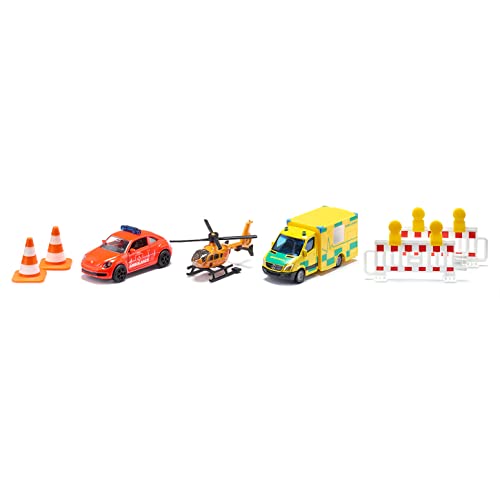 siku 6332, Geschenkset Rettung, VW Beetle-Notarztwagen, Mercedes-Rettungswagen, Helikopter, Spielzeug-Set, Kunststoff/Metall, Multicolor, Inkl. 2 Warnbaken und 2 Pylonen von Siku