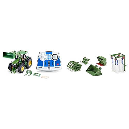 Siku, John Deere 7310R Traktor mit Frontlader, Grün, Metall/Kunststoff, 1:32 & 5-teiliges Frontlader Zubehör-Set, 1:32, Passend Traktoren mit Frontlader im Maßstab 1:32, grün von Siku