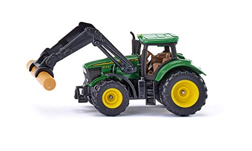 siku 1540, John Deere mit Baumstammgreifer, Metall/Kunststoff, Grün, Inkl. Baumstamm, Beweglicher Frontlader, Anhängerkupplung, Bereifung aus Gummi von Siku