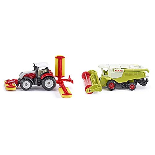 Siku 1672, Steyr Traktor mit Pöttinger Mähwerkskombination, Rot, Spielzeugfahrzeug für Kinder & 1476, Claas Mähdrescher, Metall/Kunststoff, Grün, Bewegliche Haspel, Schwenkbares Abtankrohr von Siku