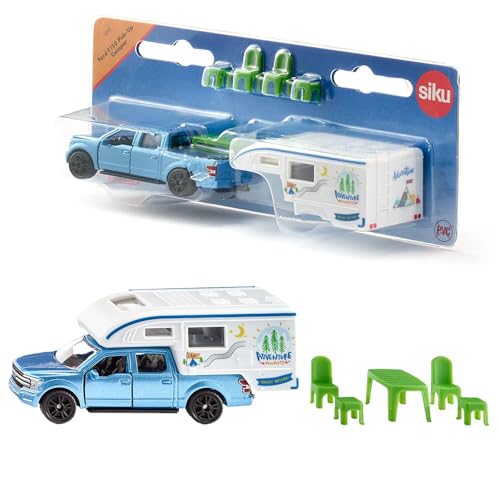 Siku 1693, Ford F150 Pick-Up Camper, Metall/Kunststoff, Blau/Weiß, Stühle, Hocker und Tisch, Ausziehbare Markise von Siku