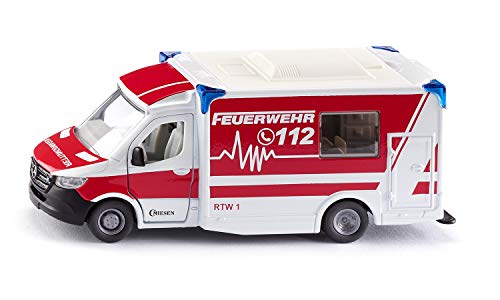 Siku 2115, Mercedes-Benz Sprinter Miesen Typ C Rettungswagen, 1:50, Metall/Kunststoff, Rot/Weiß, Abnehmbares Dach, Inkl. Trage und Spineboard von Siku