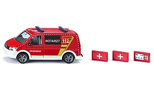 siku 2116, VW T6 Notarztwagen, Metall/Kunststoff, 1:50, Rot/Weiß, Wechselbare Räder, Fahrer- und Beifahrertür und Heckklappe zum Öffnen, Inkl. Zubehör von Siku