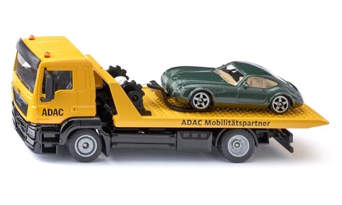 siku 2722, MAN Abschleppwagen ADAC, Inkl. Abzuschleppendem Spielzeugauto, 1:55, Metall/Kunststoff, Gelb, Originalgetreue Funktionen, Ausziehbare Seilwinde, Kipp- und absenkbare Transportplattform von Siku