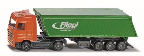 siku 1796, Mercedes-Benz LKW mit Fliegl Kipper, 1:87, Metall/Kunststoff, Grün/Orange, Abnehmbare Dachplane für Auflieger von Siku