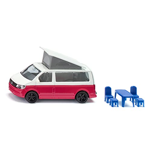 siku 1922, VW T6 California Camping-Bulli, 1:50, Metall/Kunststoff, Rot/Weiß, Stühle, Hocker und Hochklappbares Dach von Siku