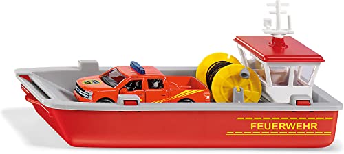 siku 2117, Feuerwehr Arbeitsboot, 1:50, Metall/Kunststoff, Rot/Gelb, Inkl. Ford F150 Pick-Up und Stickerbogen von Siku