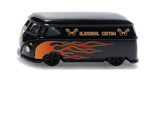 siku 2363, VW T1 Transporter Custom, 1:50, Spielzeug-Auto, Metall/Kunststoff, Schwarz/Orange, Anhängerkupplung, Aufwendige Bedruckung, Türen zum Öffnen von Siku