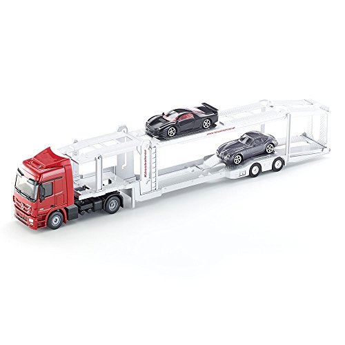 siku 3934, Autotransporter, Inkl. 2 Spielzeug-Autos, 1:50, Metall/Kunststoff, Rot/Silber, Abkoppelbarer Auflieger von Siku