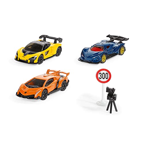 siku 6328, Geschenkset Supercars, Lamborghini Veneno, Apollo I.E., McLaren Senna, Bewegliche Teile, Inkl. Straßenschild und Blitzer von Siku