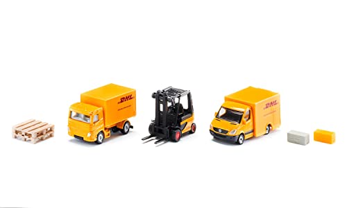 siku 6335, Geschenkset DHL Logistik, inkl. LKW, Gabelstapler, Paket-Lieferwagen, Paletten und Pakete, Metall/Kunststoff, Gelb, Bewegliche Teile von Siku