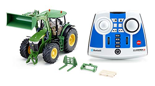 siku 6795, John Deere 7310R Traktor mit Frontlader, Grün, Metall/Kunststoff, 1:32, Ferngesteuert, Inkl. Bluetooth-Fernsteuerung und Zubehör, Steuerung via App möglich, Auf ‎Französisch von Siku