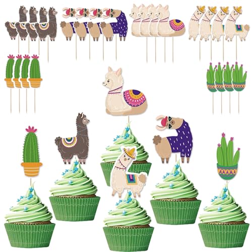 Silars Alpaka Cupcake Topper, 24 Stücke Tortendeko Alpaka Kaktus Deko Geburtstag, Wüste Tortenaufleger für Cupcake DIY Deko für Wald, Tiermotiv, Babyparty, Geburtstag, Party, Tischdekoration von Silars