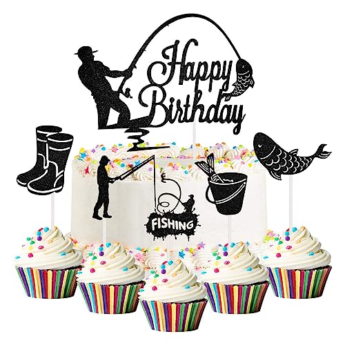 Silars Angler Cake Topper, 6 Stücke Happy Birthday Tortendeko Fische Angeln Kuchen Deko Geburtstag, Angler Tortenaufleger für Kuchen DIY Deko für Jungen Mann Geburtstagsparty Kuchen Dekoration von Silars